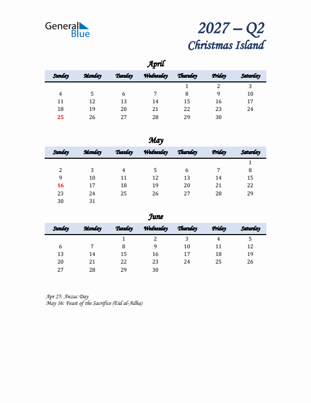 April, May, and June Calendar for Christmas Island with Sunday Start