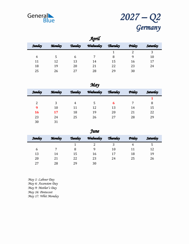 April, May, and June Calendar for Germany with Sunday Start