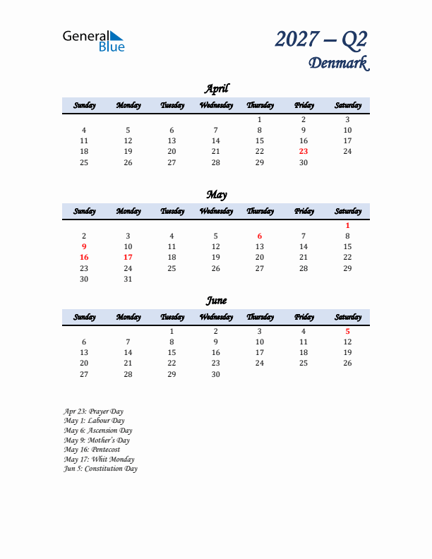 April, May, and June Calendar for Denmark with Sunday Start