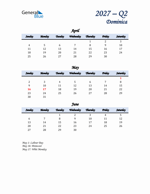 April, May, and June Calendar for Dominica with Sunday Start