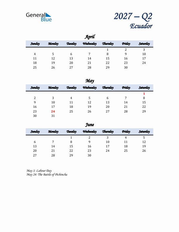 April, May, and June Calendar for Ecuador with Sunday Start