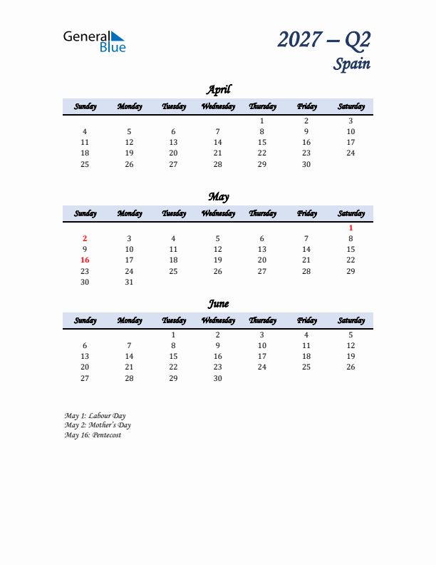 April, May, and June Calendar for Spain with Sunday Start