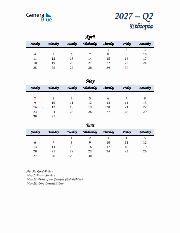 April, May, and June Calendar for Ethiopia with Sunday Start