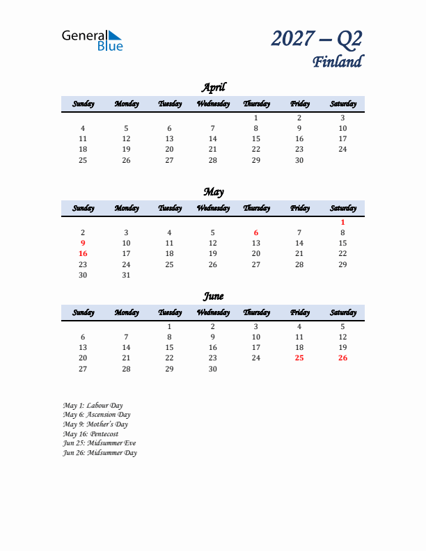 April, May, and June Calendar for Finland with Sunday Start