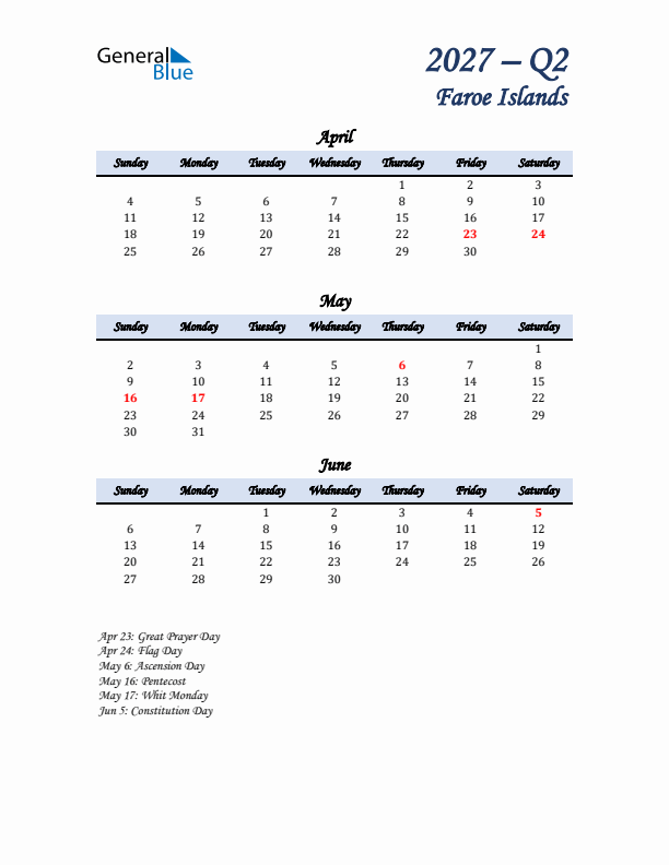 April, May, and June Calendar for Faroe Islands with Sunday Start