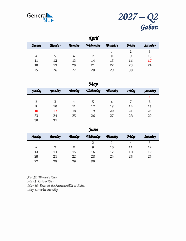 April, May, and June Calendar for Gabon with Sunday Start