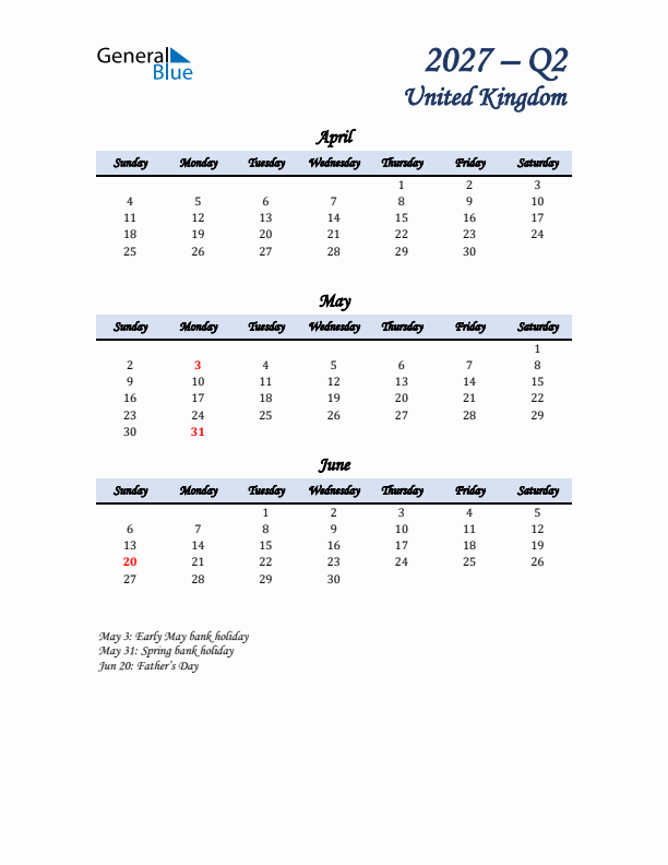 April, May, and June Calendar for United Kingdom with Sunday Start