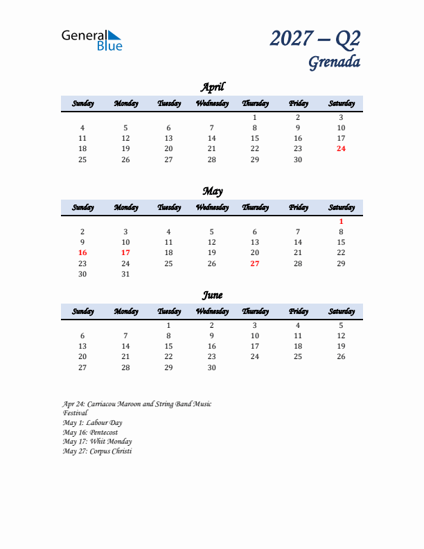 April, May, and June Calendar for Grenada with Sunday Start