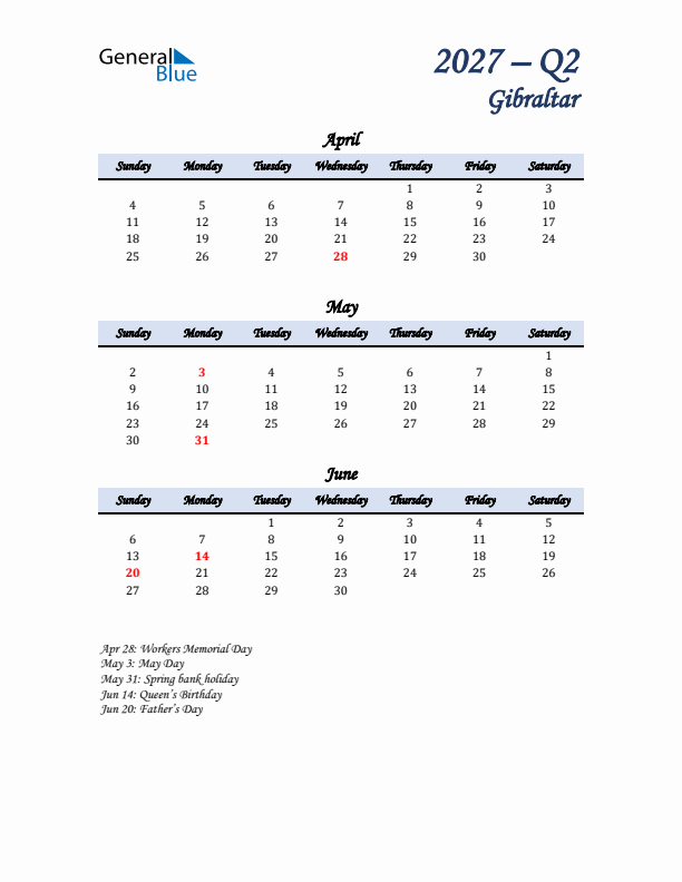 April, May, and June Calendar for Gibraltar with Sunday Start