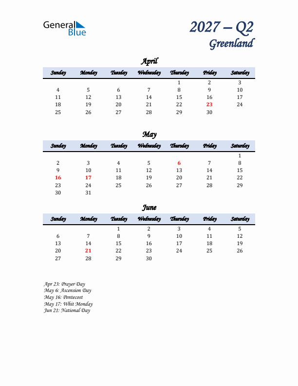 April, May, and June Calendar for Greenland with Sunday Start