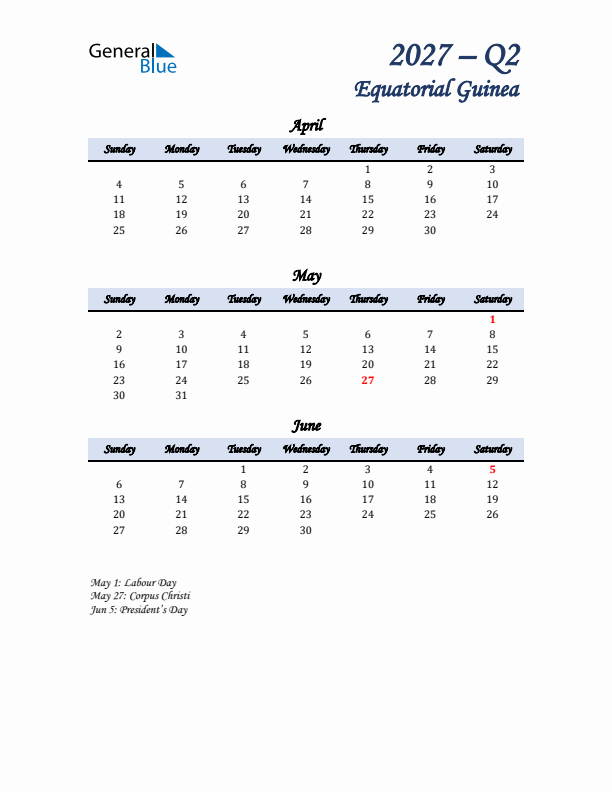 April, May, and June Calendar for Equatorial Guinea with Sunday Start