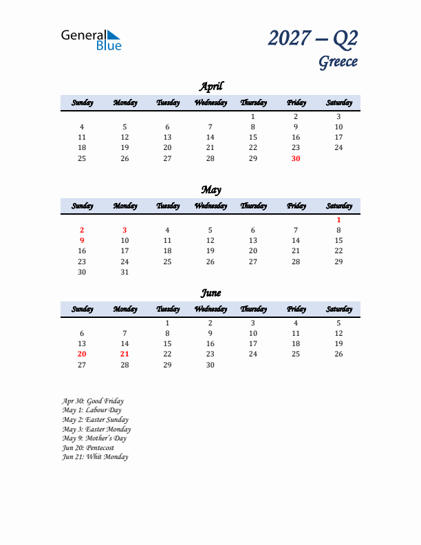 April, May, and June Calendar for Greece with Sunday Start