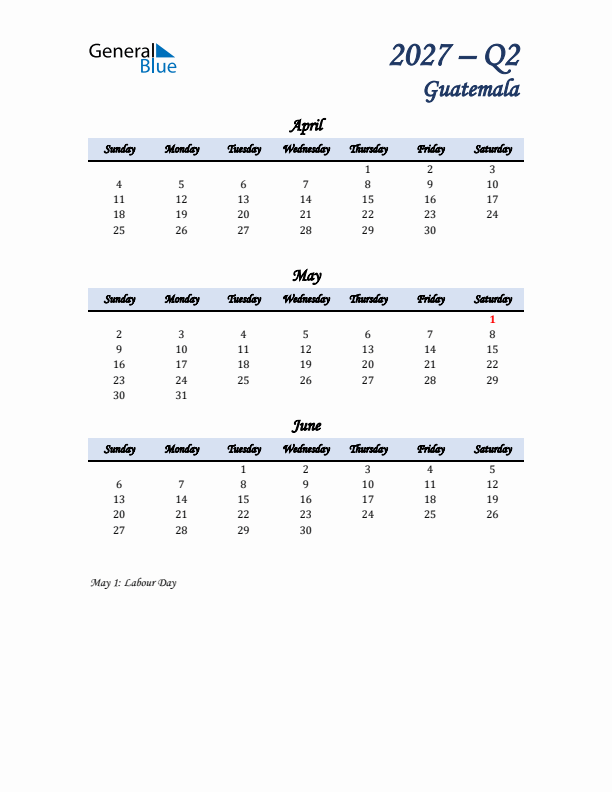 April, May, and June Calendar for Guatemala with Sunday Start