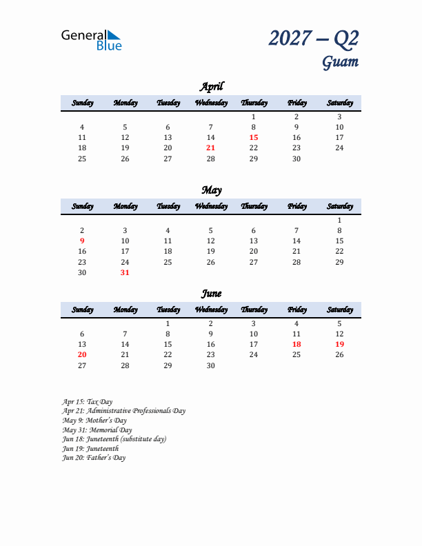 April, May, and June Calendar for Guam with Sunday Start