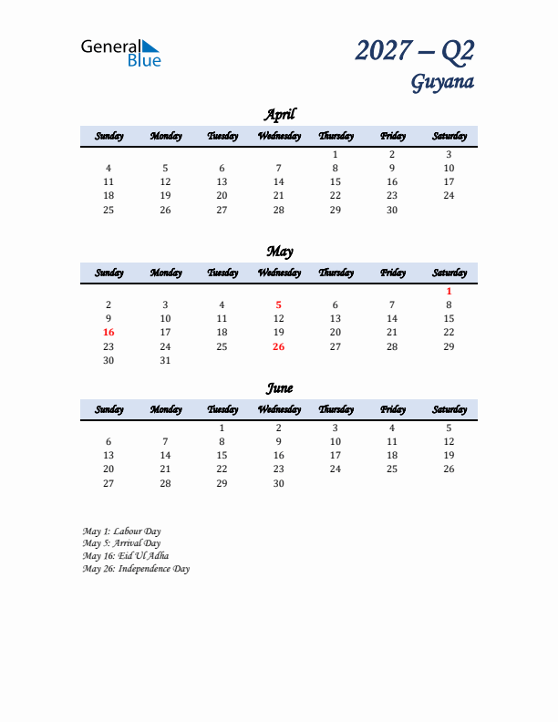 April, May, and June Calendar for Guyana with Sunday Start