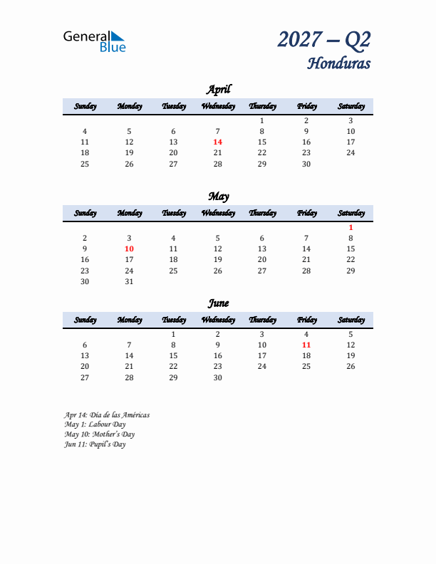 April, May, and June Calendar for Honduras with Sunday Start