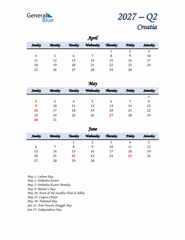 April, May, and June Calendar for Croatia with Sunday Start