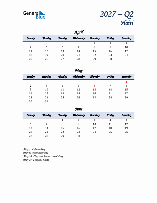 April, May, and June Calendar for Haiti with Sunday Start