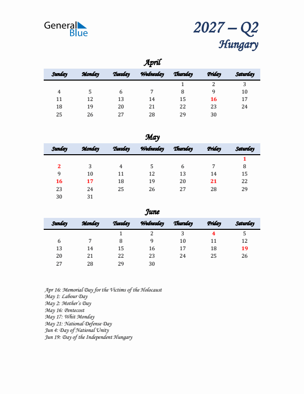 April, May, and June Calendar for Hungary with Sunday Start