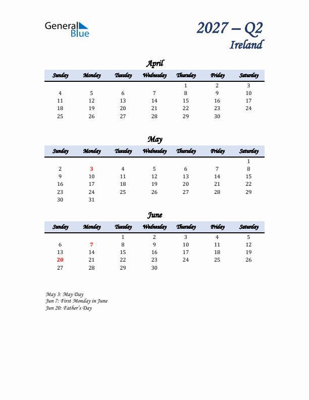 April, May, and June Calendar for Ireland with Sunday Start