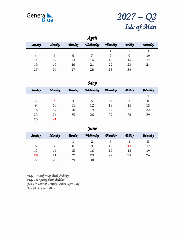 April, May, and June Calendar for Isle of Man with Sunday Start