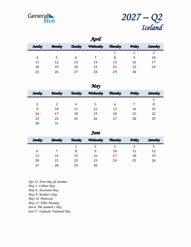 April, May, and June Calendar for Iceland with Sunday Start