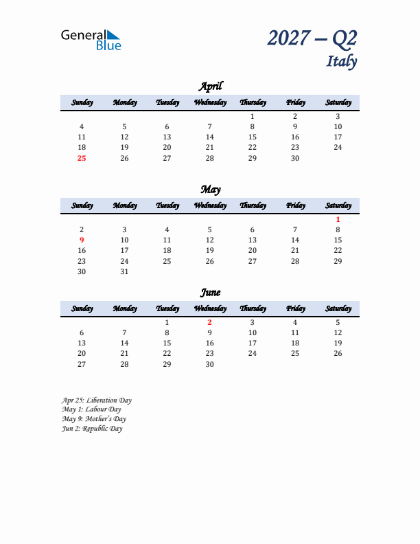 April, May, and June Calendar for Italy with Sunday Start