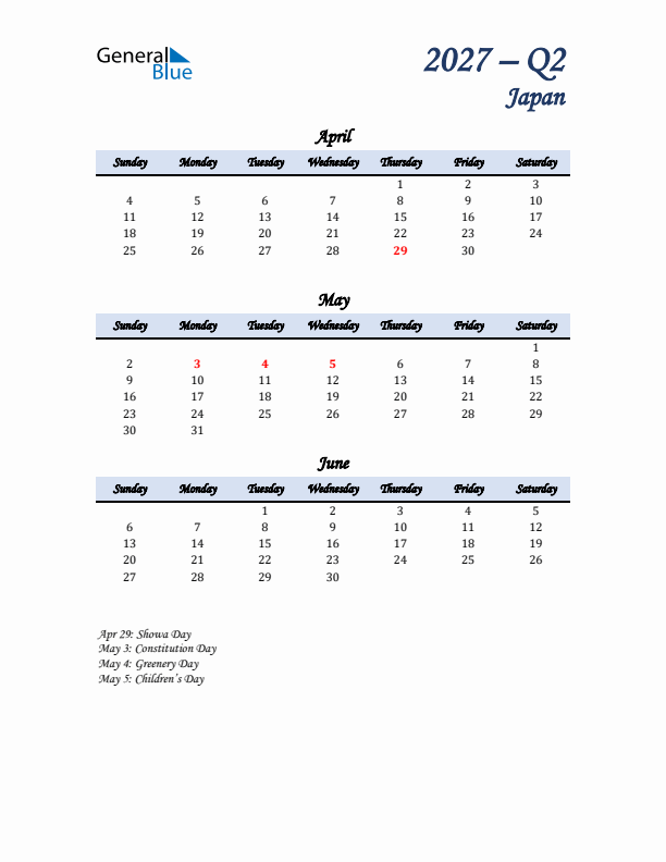 April, May, and June Calendar for Japan with Sunday Start