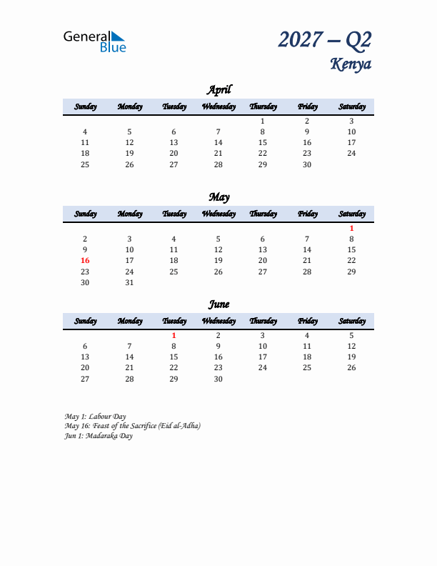 April, May, and June Calendar for Kenya with Sunday Start