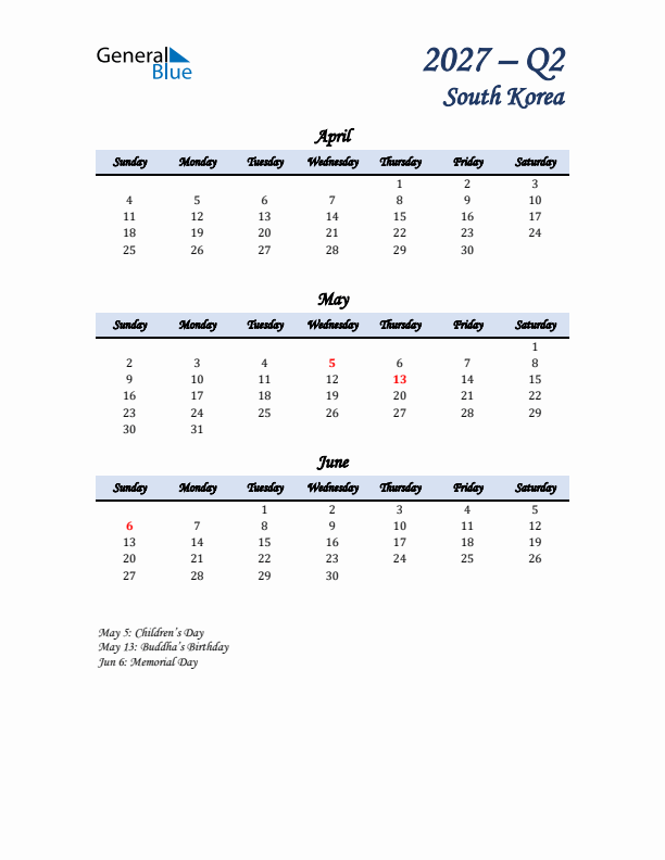 April, May, and June Calendar for South Korea with Sunday Start