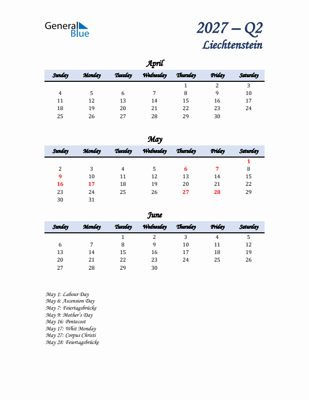 April, May, and June Calendar for Liechtenstein with Sunday Start