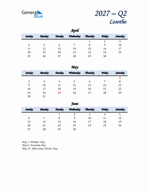 April, May, and June Calendar for Lesotho with Sunday Start