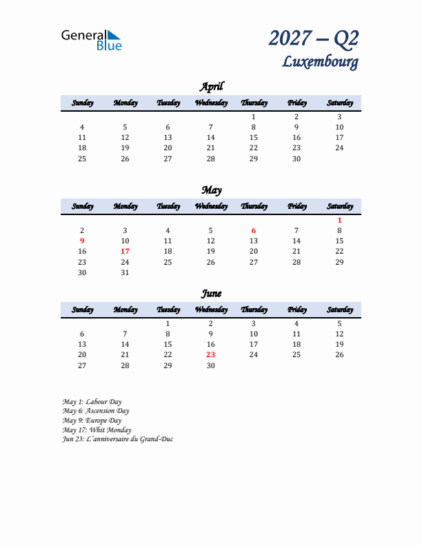 April, May, and June Calendar for Luxembourg with Sunday Start