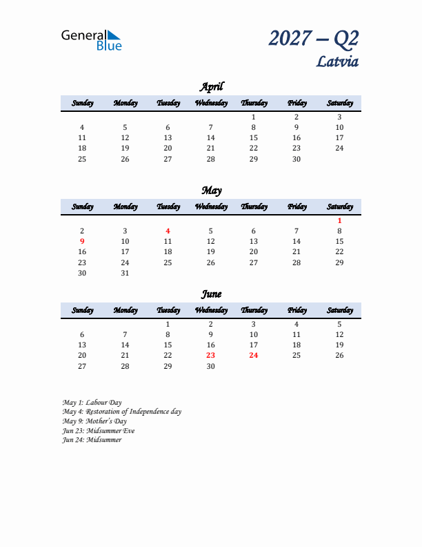 April, May, and June Calendar for Latvia with Sunday Start