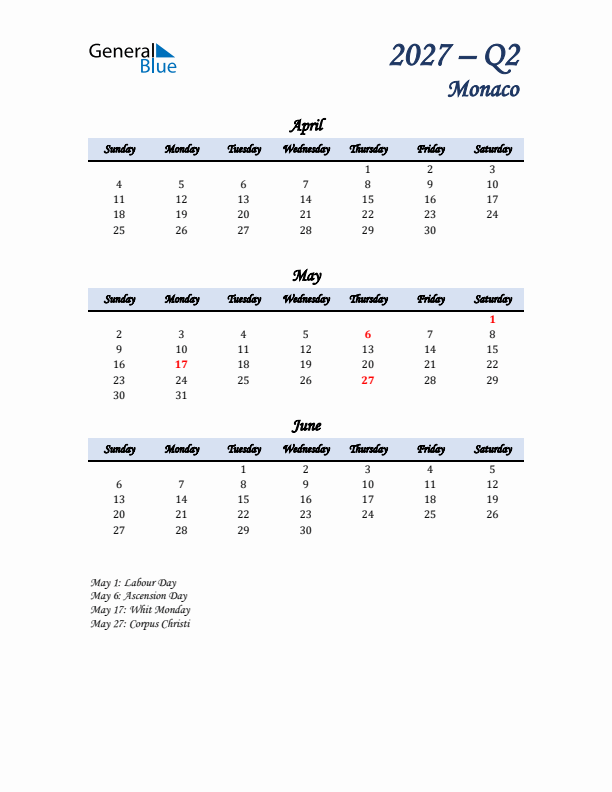 April, May, and June Calendar for Monaco with Sunday Start