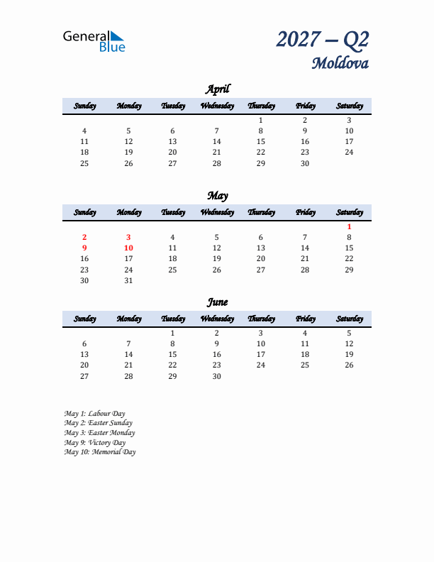 April, May, and June Calendar for Moldova with Sunday Start