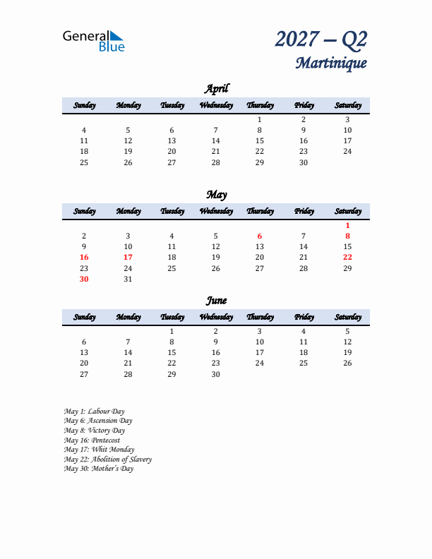 April, May, and June Calendar for Martinique with Sunday Start