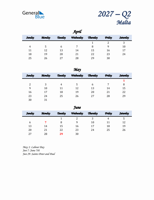 April, May, and June Calendar for Malta with Sunday Start