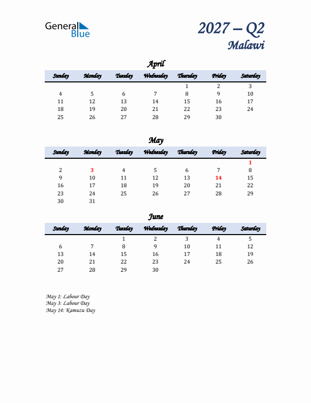 April, May, and June Calendar for Malawi with Sunday Start