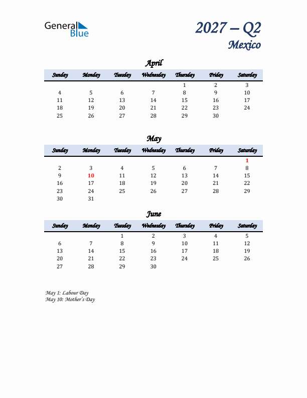 April, May, and June Calendar for Mexico with Sunday Start