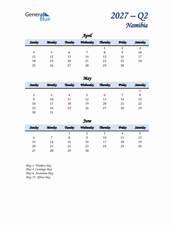 April, May, and June Calendar for Namibia with Sunday Start