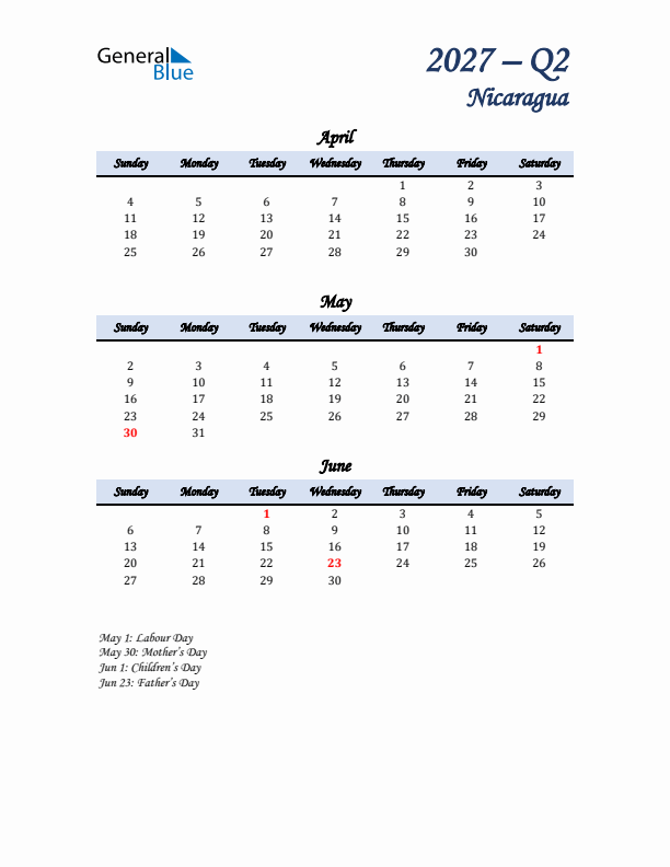 April, May, and June Calendar for Nicaragua with Sunday Start