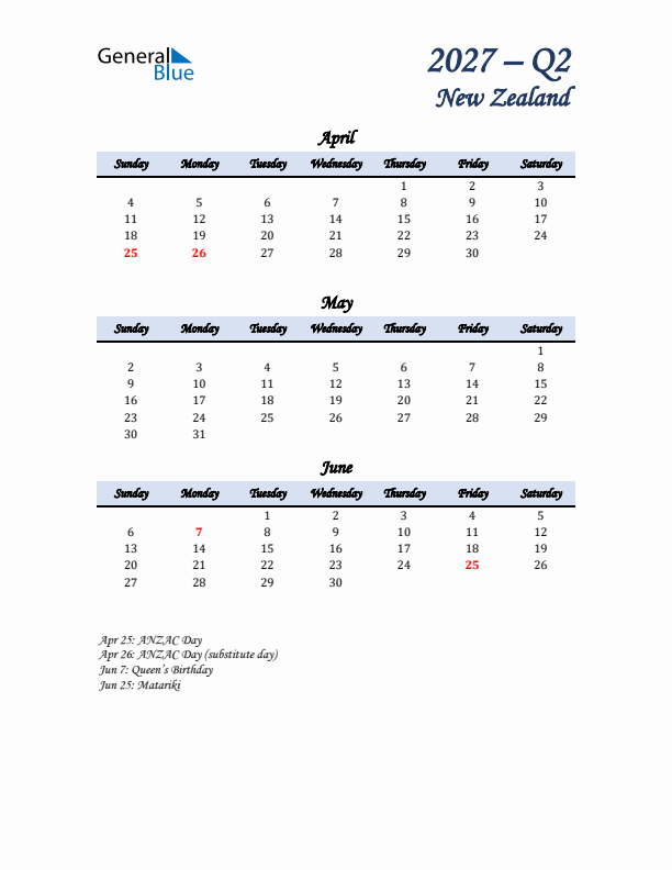 April, May, and June Calendar for New Zealand with Sunday Start