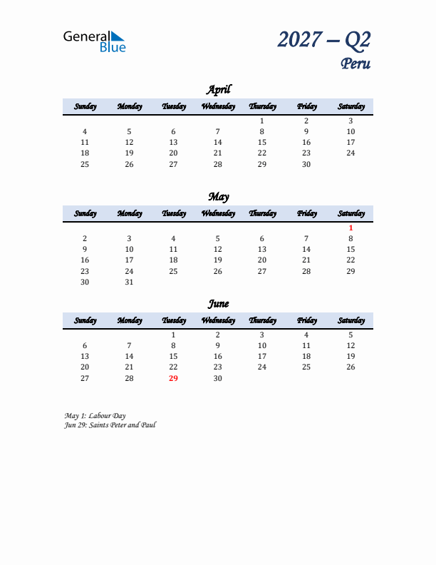 April, May, and June Calendar for Peru with Sunday Start