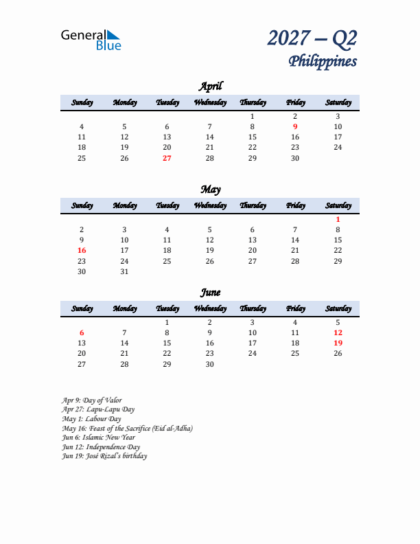 April, May, and June Calendar for Philippines with Sunday Start