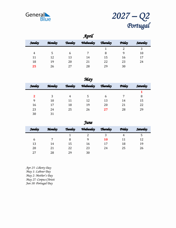 April, May, and June Calendar for Portugal with Sunday Start