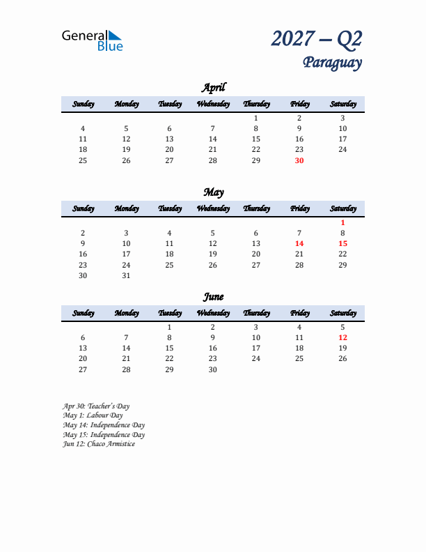 April, May, and June Calendar for Paraguay with Sunday Start