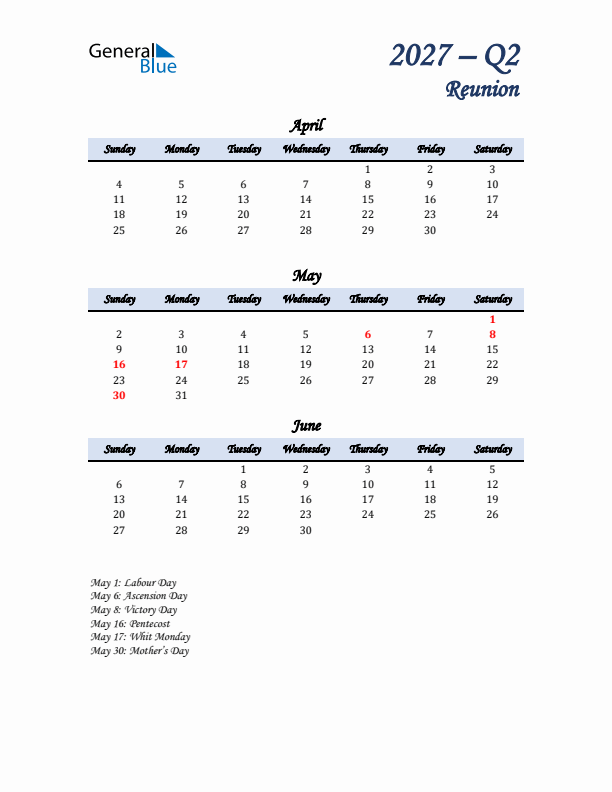 April, May, and June Calendar for Reunion with Sunday Start