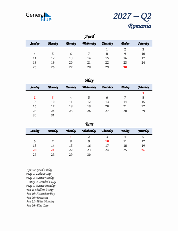 April, May, and June Calendar for Romania with Sunday Start