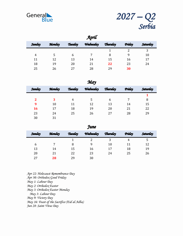 April, May, and June Calendar for Serbia with Sunday Start